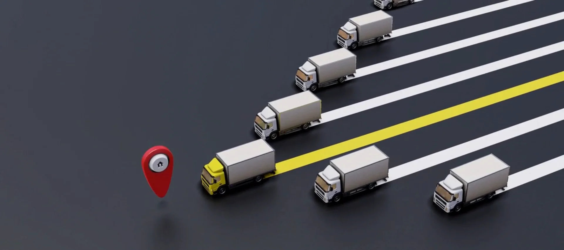 Row of delivery trucks on a road with a red location marker.