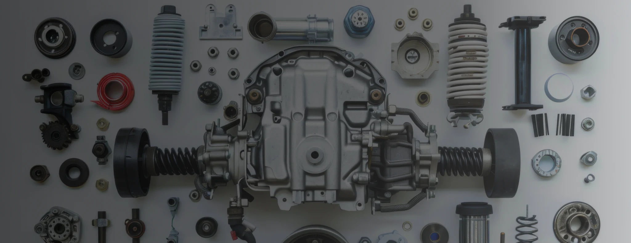 Automotive parts including a transmission and various components on a white background